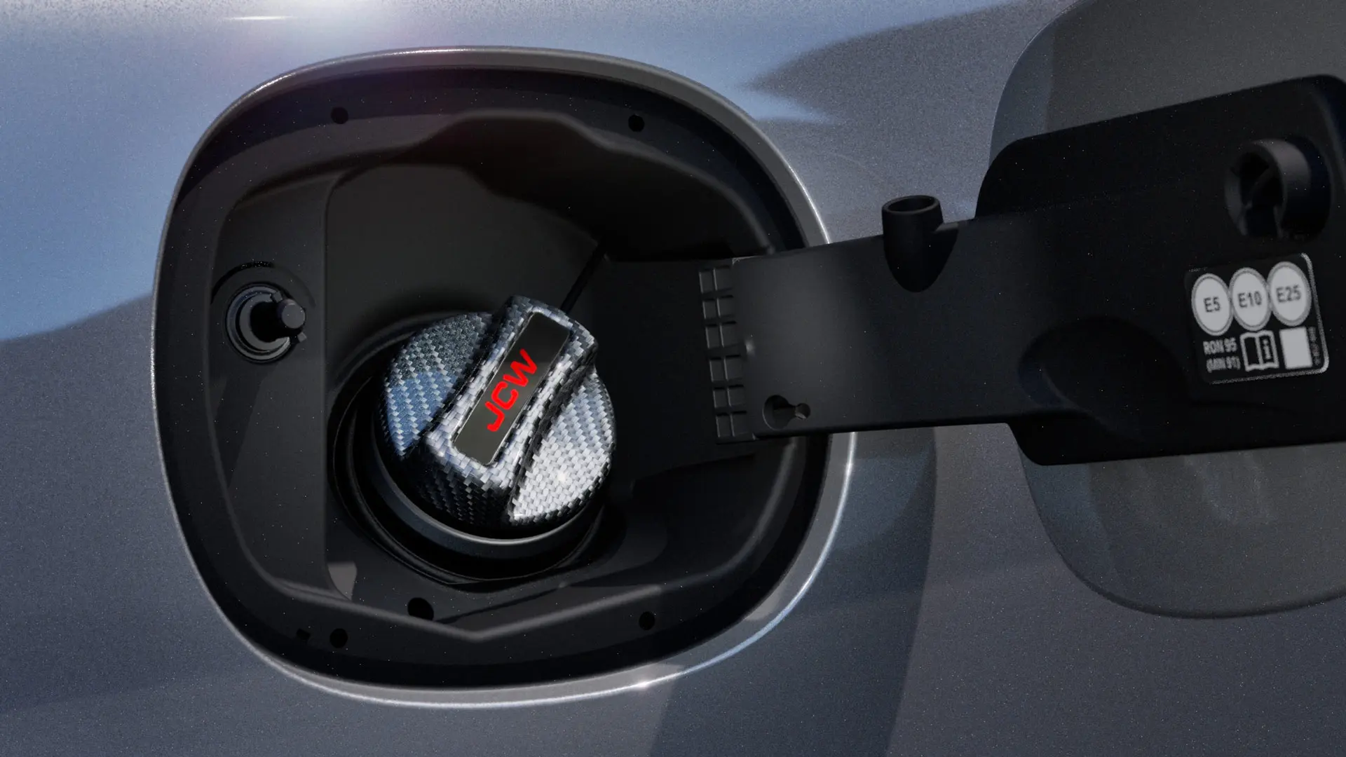 Bouchon de réservoir en carbone John Cooper Works pour MINI avec badge JCW.