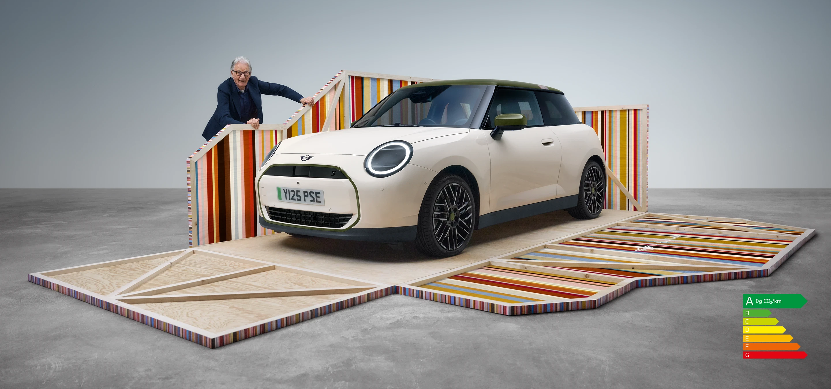 Vue latérale avant de la MINI Cooper Paul Smith Edition 100 % électrique en Inspired White avec le designer Paul Smith