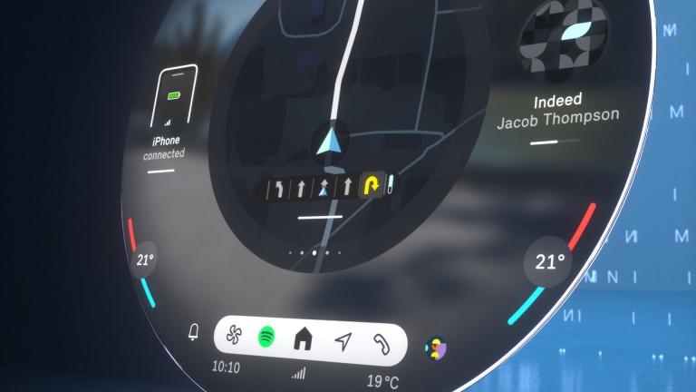 Écran rond MINI en mode JCW avec tableau de navigation et éléments de commande